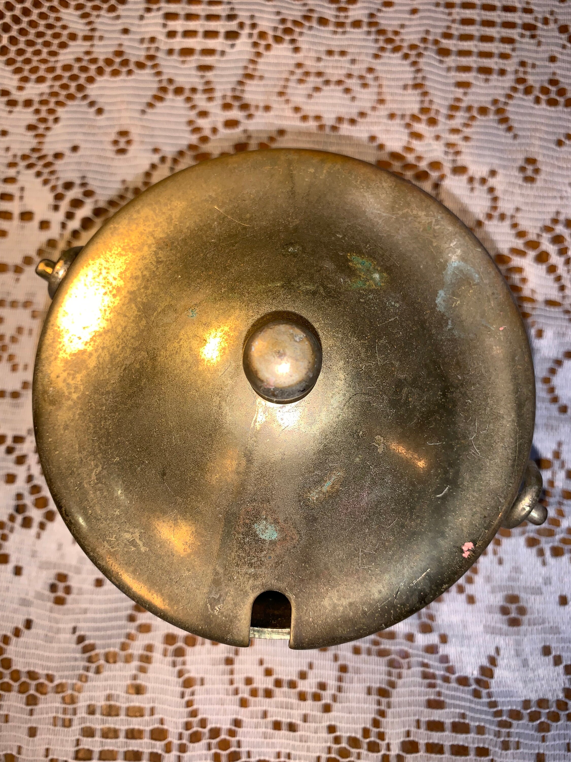 1950s Antique Solid Brass Firestarter Kettle Cauldron With Hearth Side3 Ball Footed & Lidded