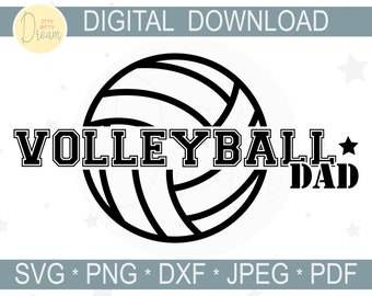 Può includere: Design di download digitale in bianco e nero con una pallavolo e il testo "VOLLEYBALL DAD" in un font in stile universitario.