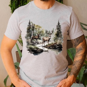 Retro Deer Wilderness Scene Tshirt - Nineties Vintage Buck And Doe Deer Outfit - Boho Unisex Crewneck Shirt
