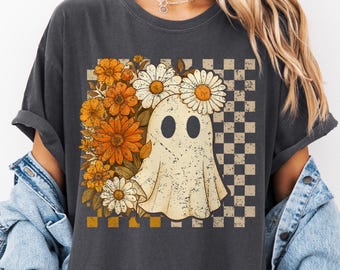 Comfort Colors Checkered Ghost Shirt, Halloween Floral Tee