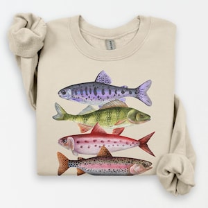 Abstract Colorful Trout In A Row Sweatshirt - River Fish Trout Species Outfit - Fly Fishing Gift - Boho Unisex Crewneck Sweatshirt