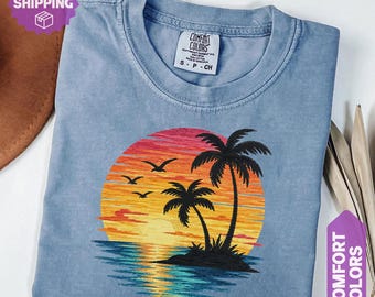 Comfort Colors® Sunset Beach Shirt, Tropical Palm Tree Shirt, Summer Vacation Tee, Ocean Sunset Shirt, Coastal Aesthetic Shirt