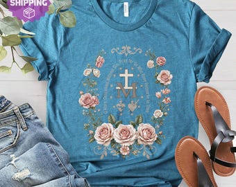 Marian Catholic T-Shirt, Virgin Mary T-shirt, Catholic Gifts For Women, Catholic T-shirt, Marian Cross Shirt, Floral Women Religious Shirts