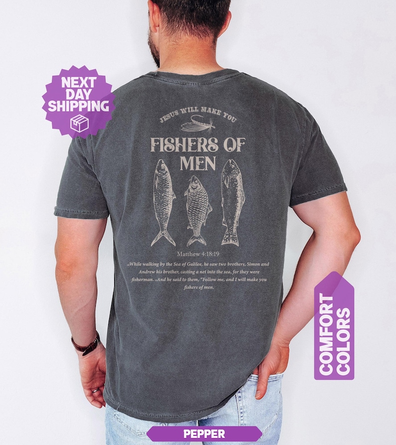 Fishers of Men Christian fishing tee with Matthew 4:18-19 scripture and vintage fish art on garment-dyed shirt