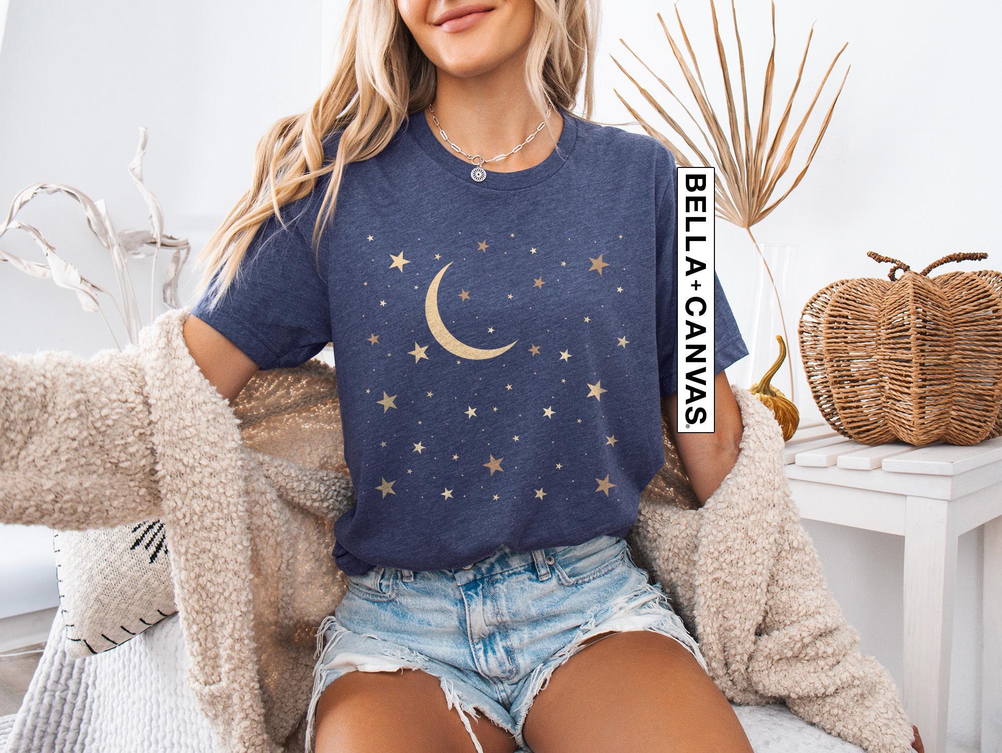 Gold Moon And Stars Shirt, Stars T-Shirt, Mystical Stars And Moon T-Shirt, Space Tee, Crescent Shirts, Magical Stars Shirt, Star Mystic Tee