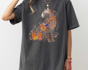 Floral Cat, Comfort Colors Oversized Tee, Cat Mom Purr Shirt