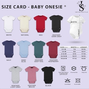 the size card baby onesie is shown in different colors