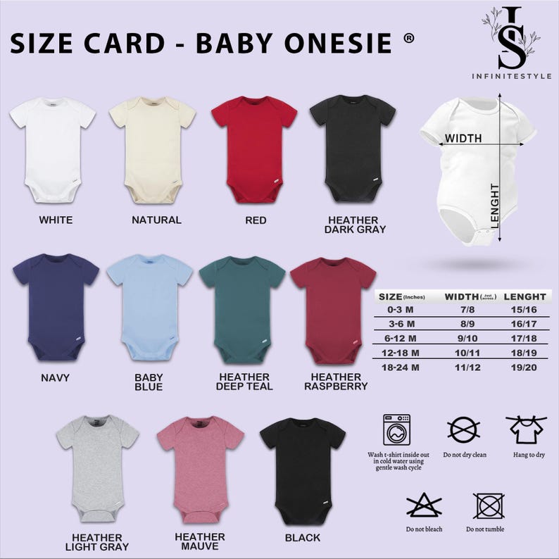 the size card baby onesie is shown in different colors