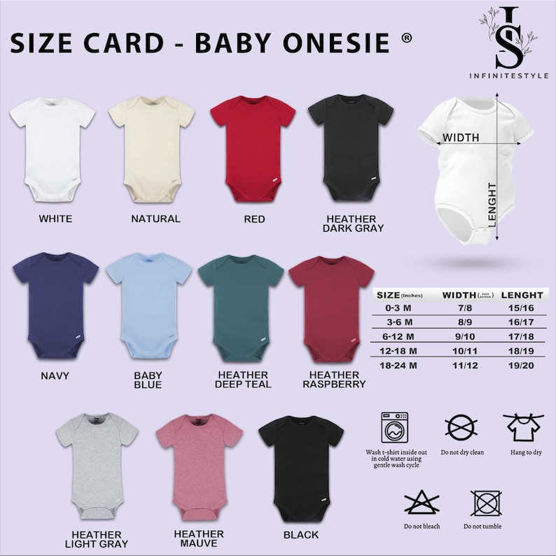 the size card baby onesie is shown in different colors