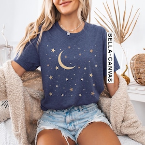 Gold Moon And Stars Shirt, Stars T-Shirt, Mystical Stars And Moon T-Shirt, Space Tee, Crescent Shirts, Magical Stars Shirt, Star Mystic Tee