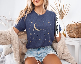 Gold Moon And Stars Shirt, Stars T-Shirt, Mystical Stars And Moon T-Shirt, Space Tee, Crescent Shirts, Magical Stars Shirt, Star Mystic Tee