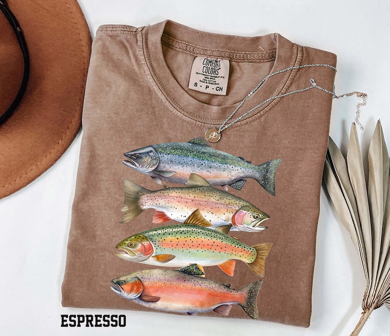 Comfort Colors Trout Shirt – Abstract River Fish, Fly Fishing Apparel zdjęcie 7