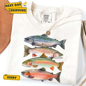 Abstract Colorful Trout In A Row Shirt - River Fish Trout Species Outfit - Fly Fishing Gift - Boho Unisex Crewneck Comfort Colors® Shirt