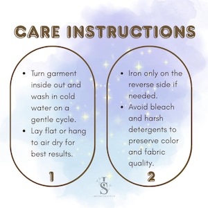 care instructions for washing and ironing clothes, providing step-by-step guidance on how to properly care for garments.