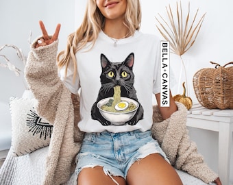 Black Cat Ramen T-Shirt, Kawaii Japanese Noodle Kitty Tee