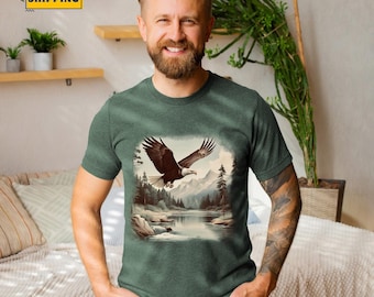Retro Bald Eagle River Scene Tshirt - 90s Birds Of Prey Forest Nature Outfit - Boho Unisex Crewneck Shirt