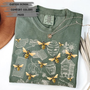 Vintage Bee Botanical T-Shirt, Honeycomb Doodle Shirt, Unique Honey Bees Shirt, Bee Lovers Tee, Comfort Colors® T-Shirts, Bumblebees Shirt