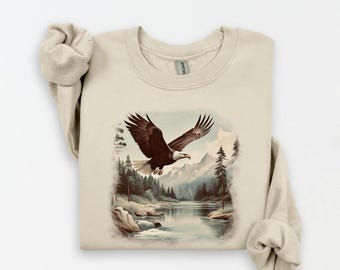 Retro Bald Eagle River Scene Sweatshirt, 90s Nature Outfit, Boho Unisex Crewneck
