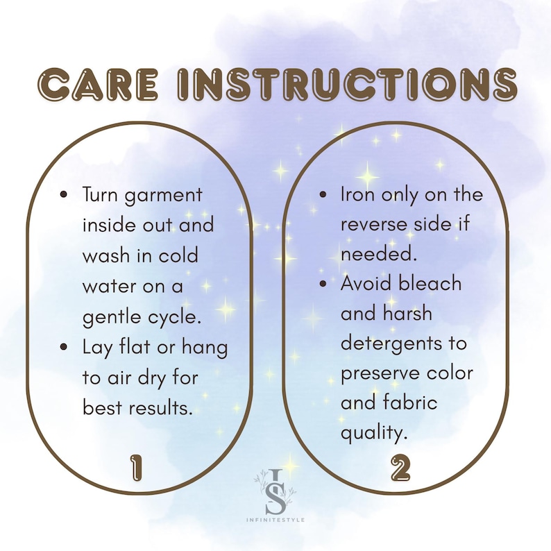 care instructions for washing and ironing clothes, providing step-by-step guidance on how to properly care for garments.