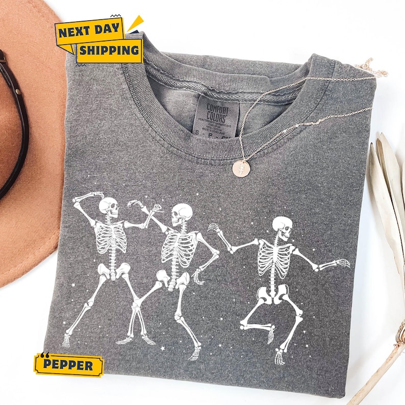 Comfort Colors Dancing Skeleton T-Shirt, Retro Groovy Skeletons Tee image 1