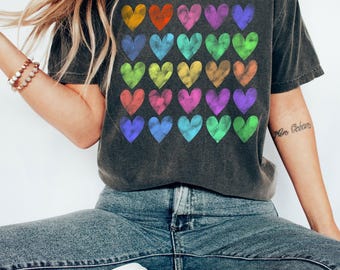 Comfort Colors Watercolor Hearts T-Shirt, Artsy Rainbow Love Tee