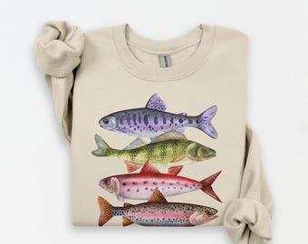 Abstract Colorful Trout Sweatshirt – Boho Unisex Crewneck Fishing Apparel