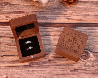 Square Double Ring Box - Engraved Wood Ring Bearer Box for Wedding Ceremony, Proposal or Engagement Ring Box Gift, Storage for 2 Rings