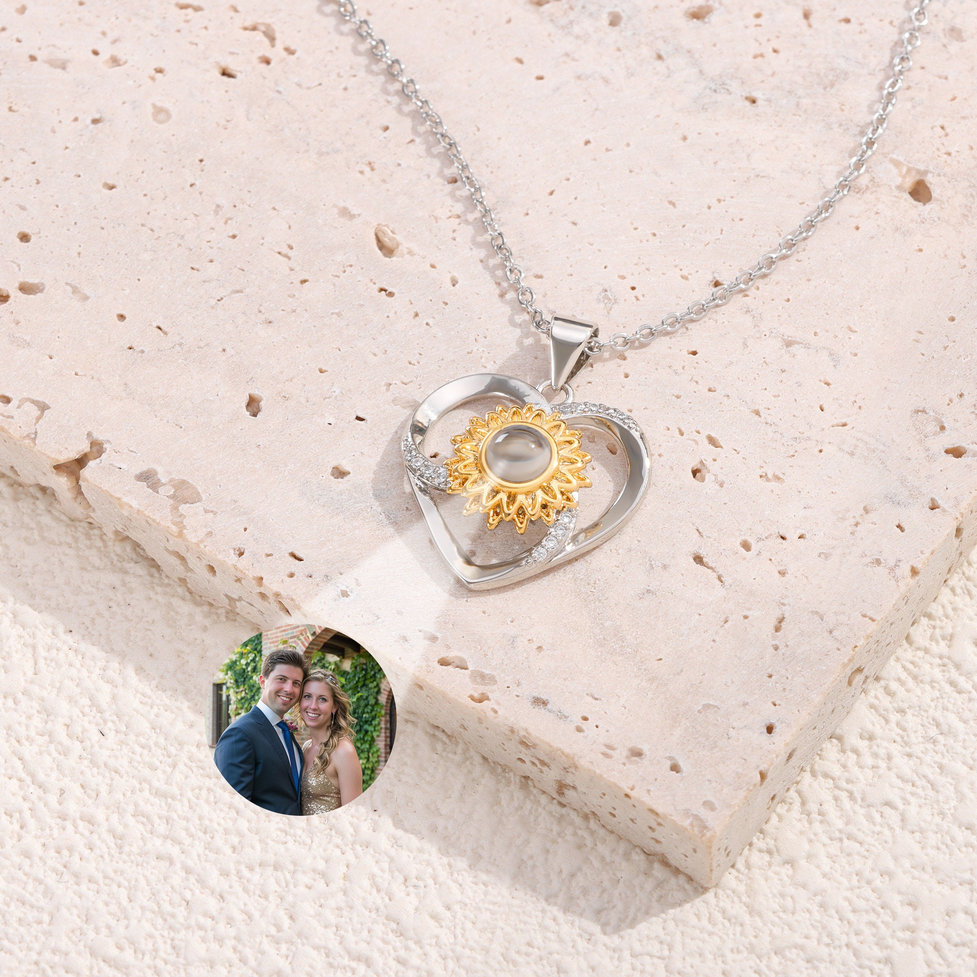 Heart Sunflower Necklace, Projection Photo Jewellery for Women, Memorial Picture Gift, Birthday Gift for Her, Best Friend Gift
