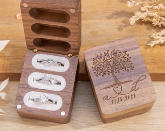 Custom Ring Box for 3 Ring, Engraved Engagement Wood Ring Box, Personalized Triple Wooden Ring Box, 3 Slots Ring Box