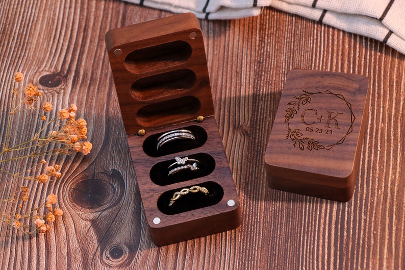 3 Ring Engraved Wood Ring Box, Personalized Triple Slot Ring, Custom Anniversary Gift, Custom 3 Slots Ring Box, Triple Wooden Ring Box image 4