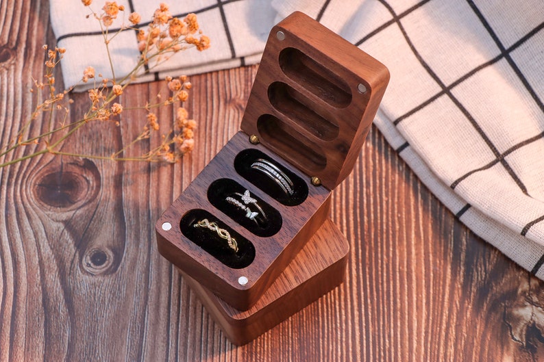 3 Ring Engraved Wood Ring Box, Personalized Triple Slot Ring, Custom Anniversary Gift, Custom 3 Slots Ring Box, Triple Wooden Ring Box image 8