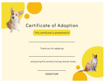 Pet Adoption Certificate, Cat, Dog, Kitten, Puppy Adoption Certificate, PDF, JPG, Printable Download