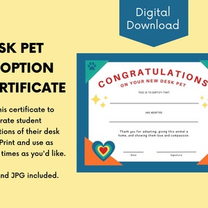 Student Desk Pet Adoption Certificate, Fun Design, PDF, JPG, Classroom Desk Pet Certificate, Classroom Motivator