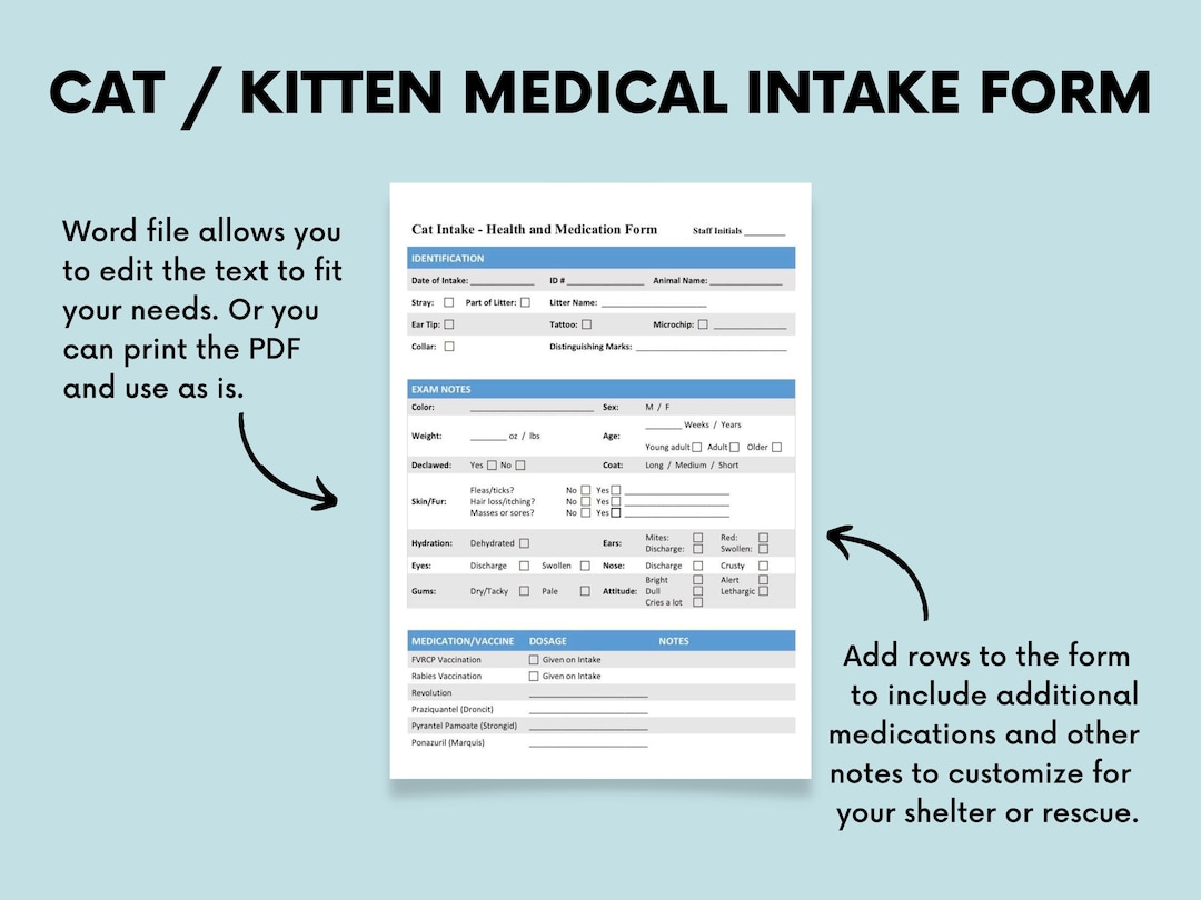 Cat / Kitten Medical Intake Form medication List, Health Checklist for