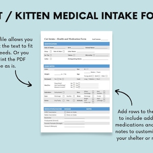 Cat / Kitten Medical Intake Form (Medication List, Health Checklist) for Shelters, Rescues, and Individuals, DOC, PDF