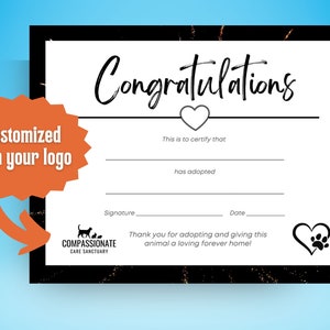 Pet Adoption Certificate for Dog, Cat and other Animal Rescues. We&#39;ll add your logo. 11 x 8.5 in - PDF