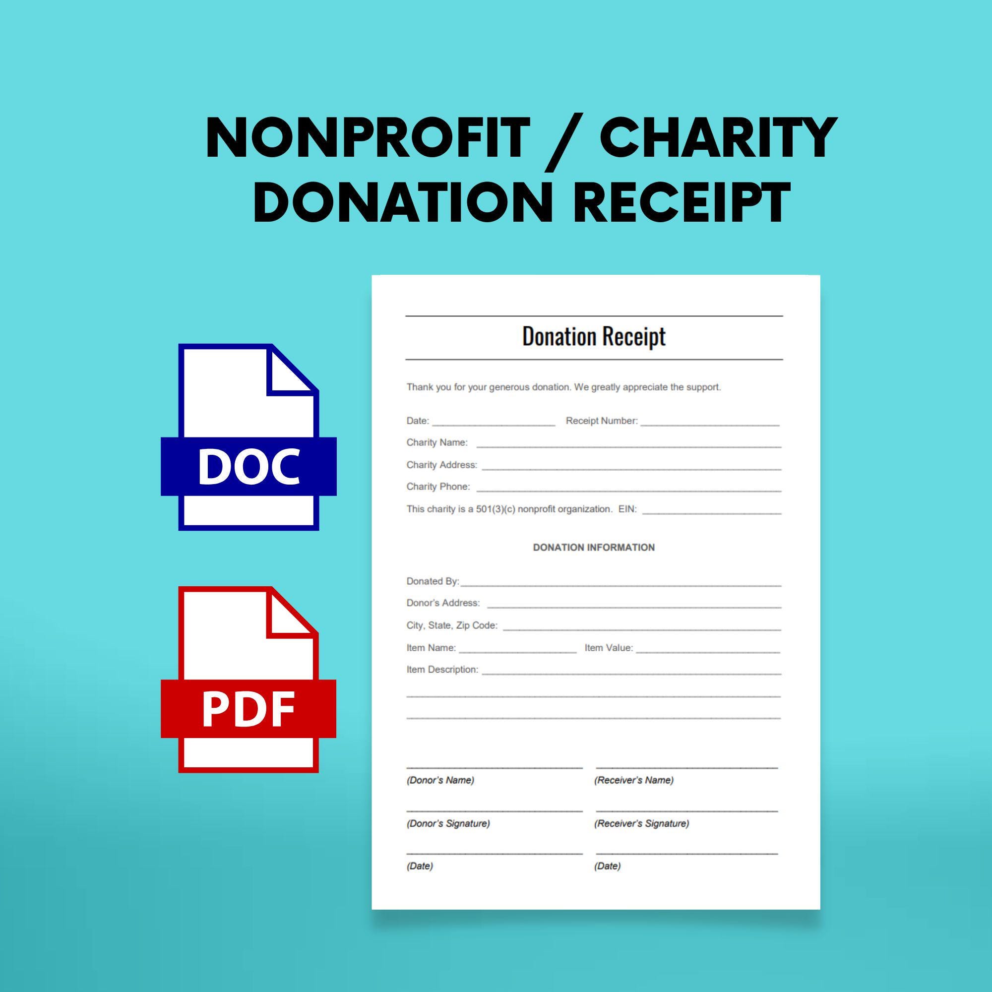 Nonprofit Charity Donation Gift Receipt, PDF, DOCX Word doc, 501(c)(3) Donation Receipt, Digital Download Template for Charitable Donors