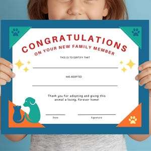 Pet Adoption Certificate, Fun Design, Cat, Dog, Kitten, Puppy Adoption Certificate, PDF, JPG, For rescues, shelters, humane societies, etc