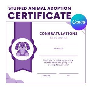 Stuffed Animal Adoption Certificate, Cat, Dog, Kitten, Puppy, Bear, etc Adoption Certificate, PDF, CANVA Printable Download