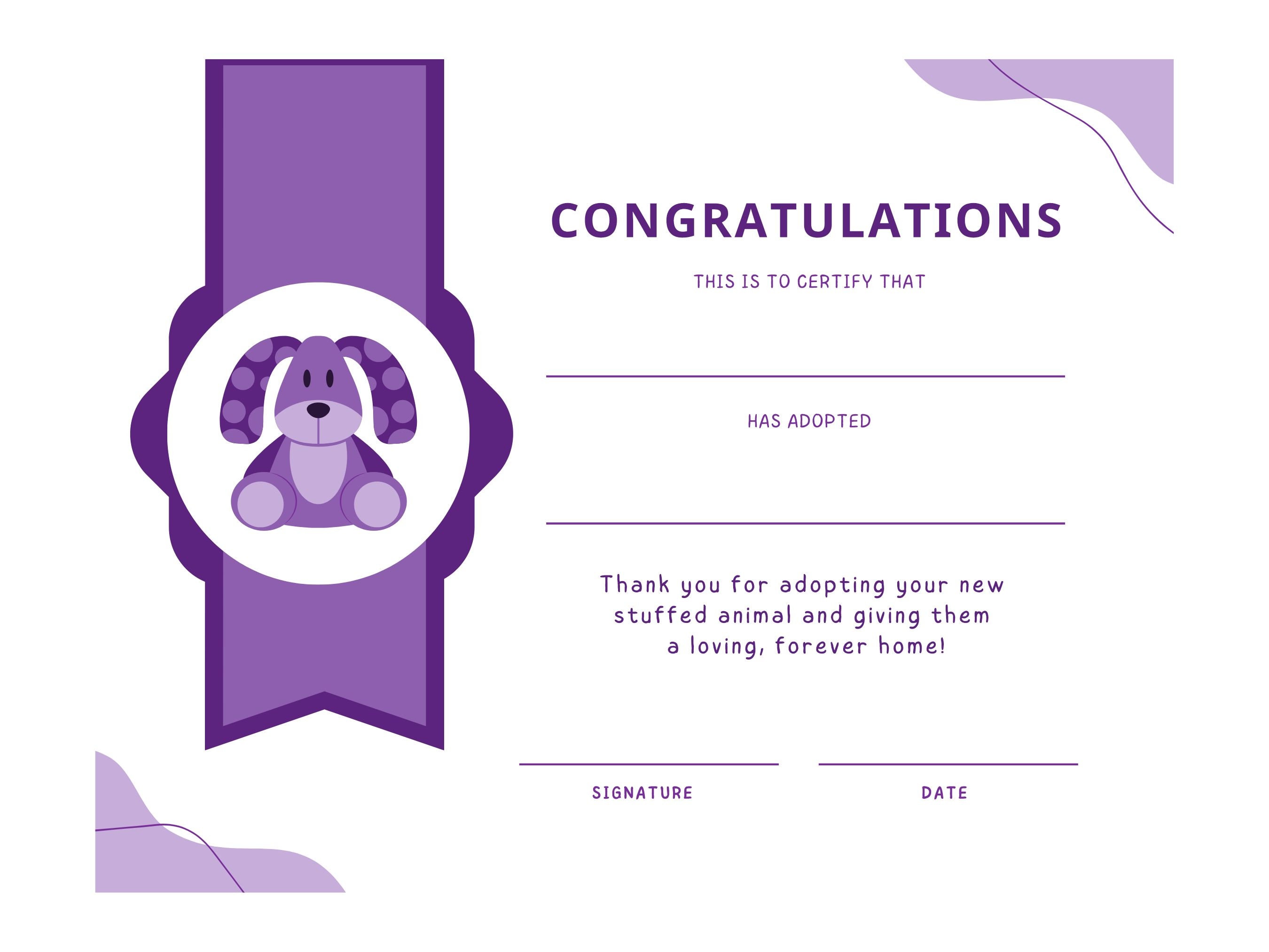Stuffed Animal Adoption Certificate Cat Dog Kitten Puppy Bear Etc Stuffed animal adoption certificate cat dog kitten puppy bear etc