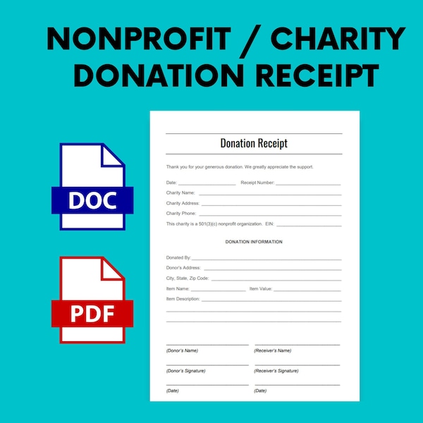 Nonprofit Charity Donation Gift Receipt, PDF, DOCX Word doc, 501(c)(3) Donation Receipt, Digital Download Template for Charitable Donors