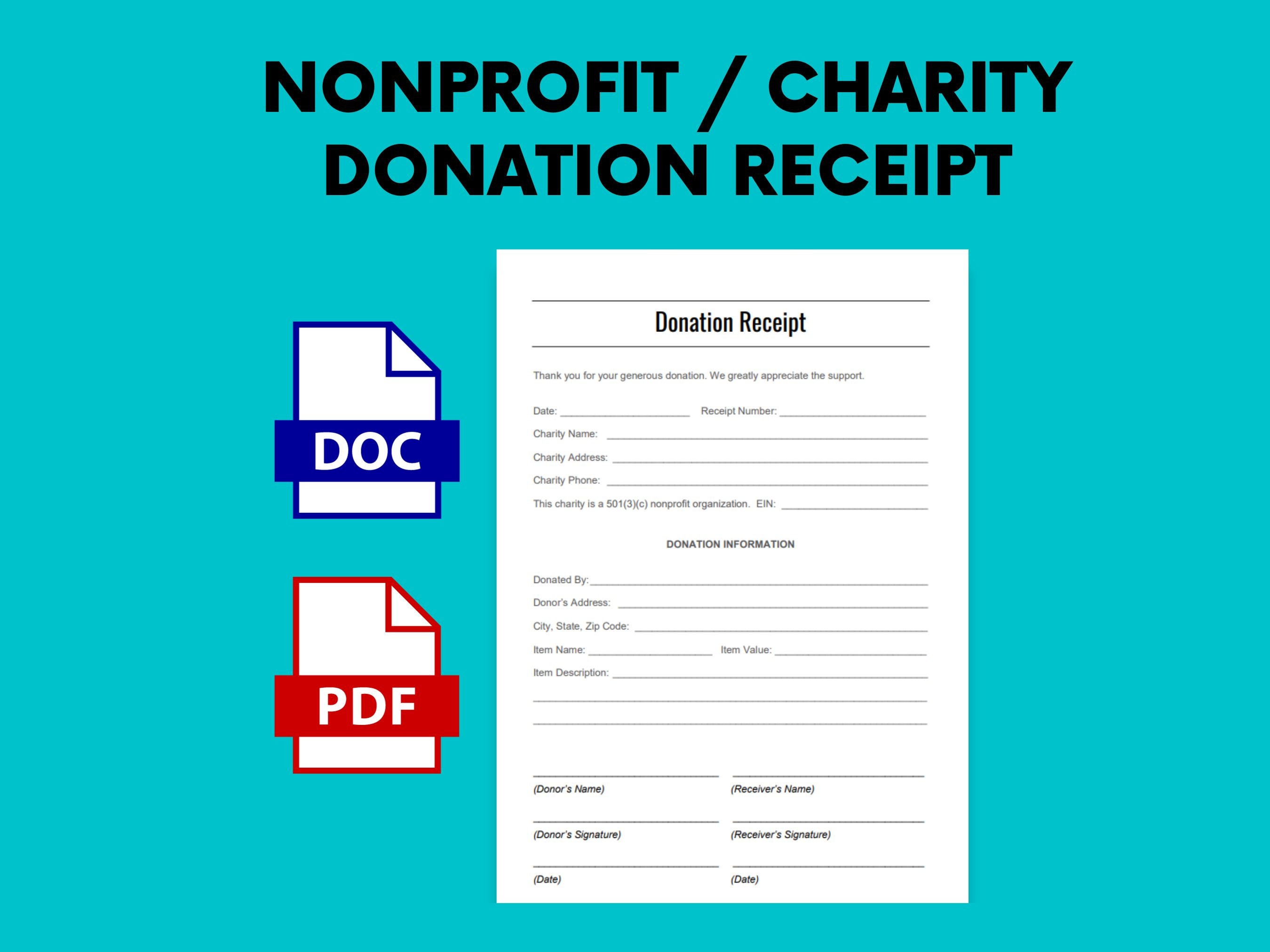 Nonprofit Charity Donation Gift Receipt, PDF, DOCX Word Doc, 501c3