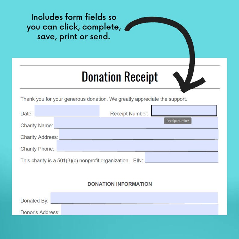 Reçu de don pour une association caritative, PDF, DOCX Word doc, 501 (c) (3) Reçu de don, modèle de téléchargement numérique pour les donateurs image 3