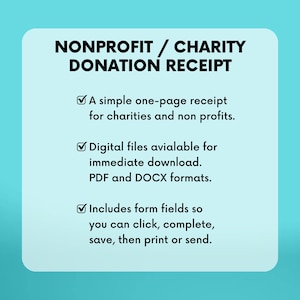 Reçu de don pour une association caritative, PDF, DOCX Word doc, 501 (c) (3) Reçu de don, modèle de téléchargement numérique pour les donateurs image 2