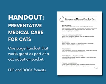 Cat Preventative Medical Care Handout for Adopters via Pet Rescues, Humane Societies, and Shelters, PDF, DOCX Word doc, Digital Download
