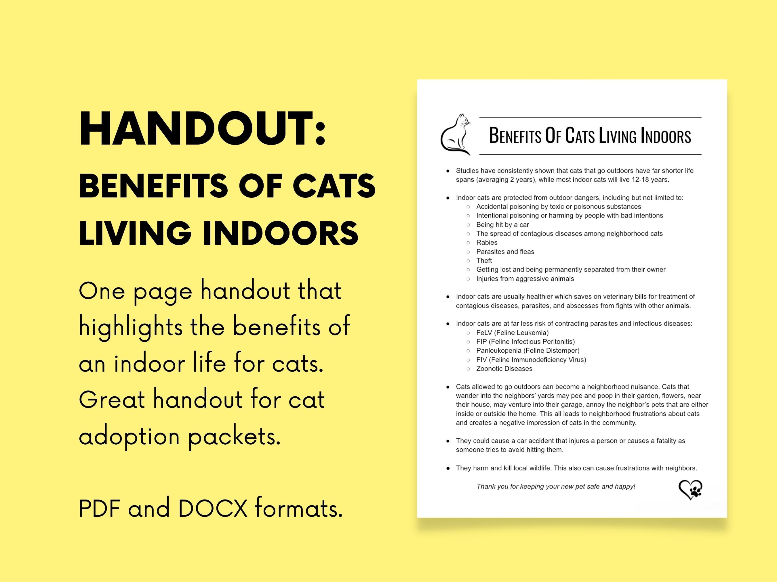 Benefits of Cats Living Indoors, Handout for Pet Rescues, Humane