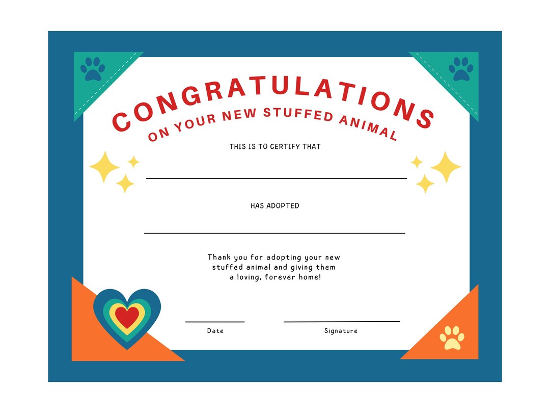 Stuffed Animal Adoption Certificate For Kids PDF JPG SVG Printable