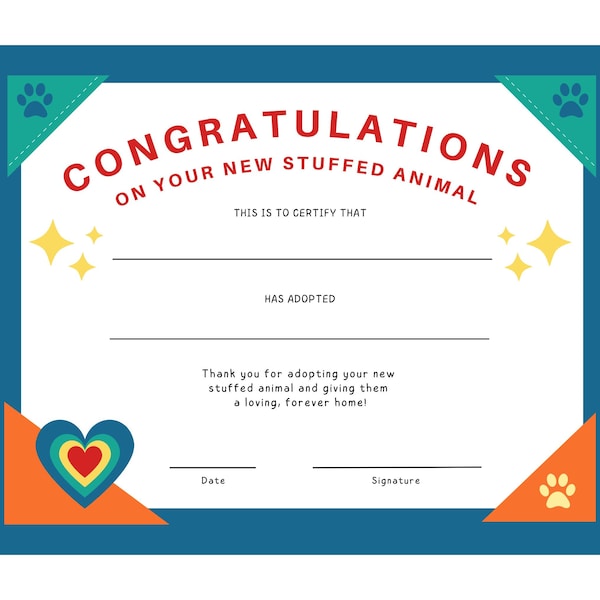 Stuffed Animal Adoption Certificate for Kids, PDF, JPG, SVG Printable Download