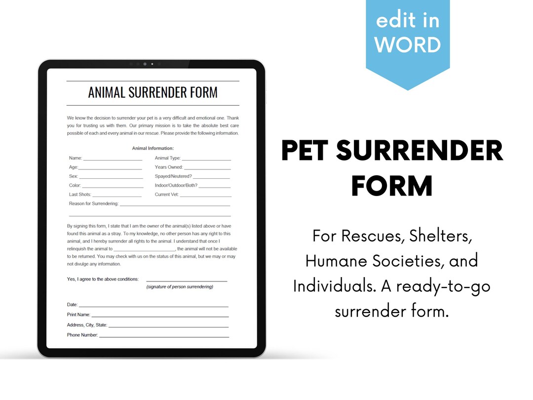pet, dog, cat surrender form/contract for shelters, rescues, and