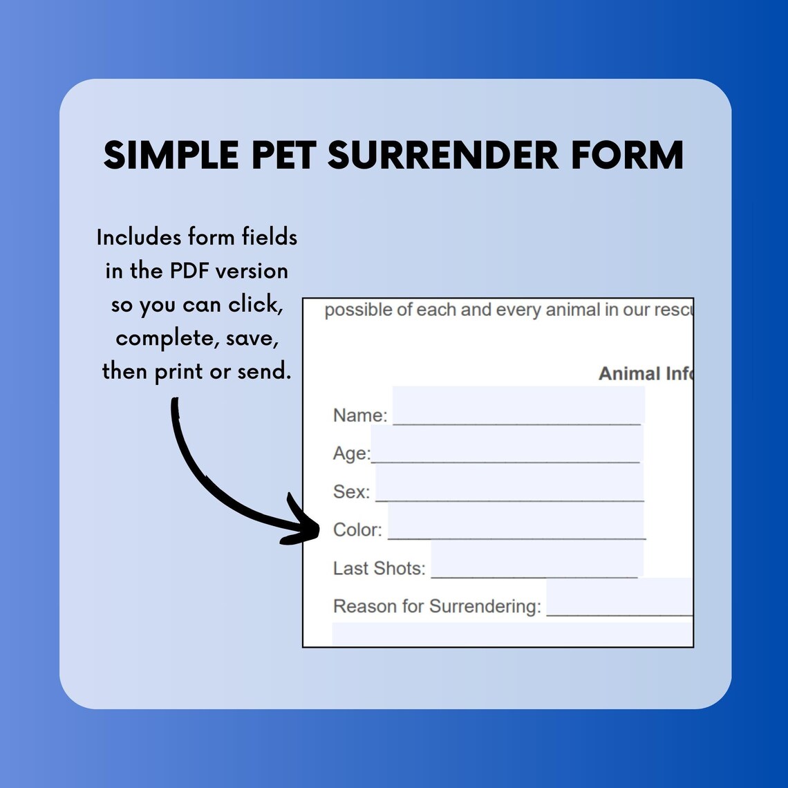 Animal Surrender Form Basic Pet, Dog, Cat Surrender Form/contract for Shelters, Rescues, and ...